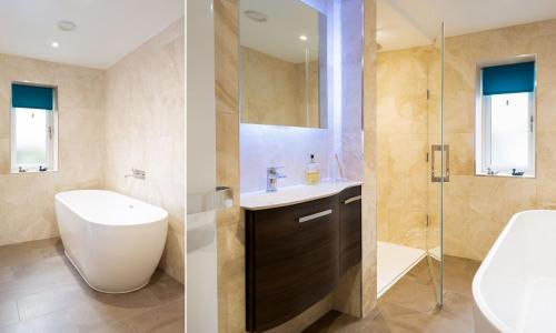 due immagini di un bagno con lavandino e doccia di Fell View a Keswick
