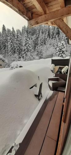 a room with a table and chairs in the snow at Haus Sieben - Singer Lydia in Kötschach