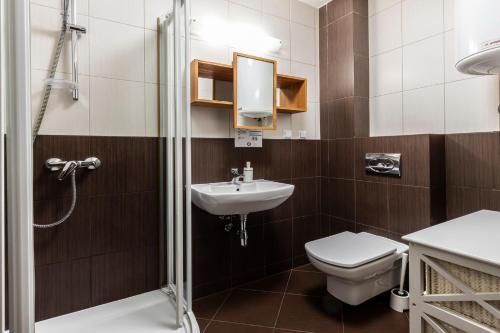 a bathroom with a toilet and a sink and a shower at Tatry Top Chotarska Polana basen kominek taras in Kościelisko
