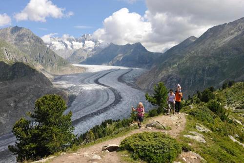 a group of people walking on a hill overlooking a river at Tio Pepe UG in Fiesch