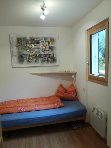 a room with a bed with a shelf and a window at Carpe Diem 2 in Fiesch