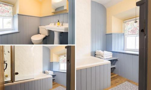 two pictures of a bathroom with a sink and a toilet at South Stonethwaite Cottage in Windermere