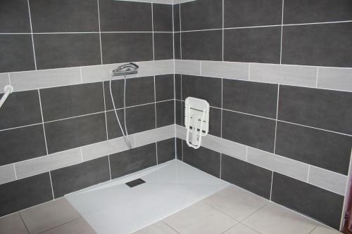 a bathroom with a shower with a soap dispenser at Hôtel de La Beauronne in Chancelade