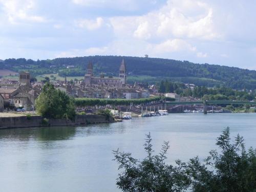 a view of a river with a city and a bridge at Hôtel Saint Philibert in Tournus