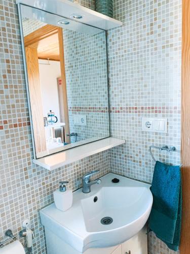 a bathroom with a sink and a mirror at Ecobosque in Nadadouro