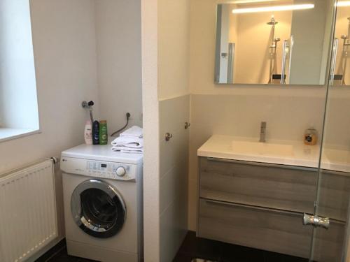 a bathroom with a washing machine and a sink at Housing De Brouwerij in Westdorpe