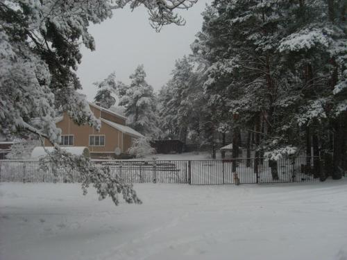 プシュキンスキエ・ゴリにあるGuest houseの雪に覆われた柵のある家