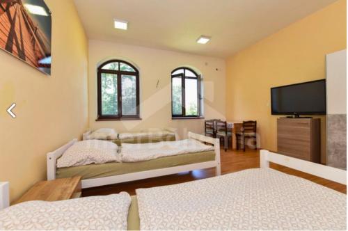 a bedroom with two beds and a flat screen tv at penzion Za lávkami in Dačice