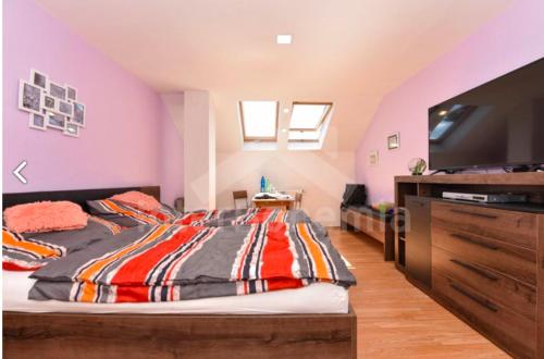 a bedroom with a large bed and a tv at penzion Za lávkami in Dačice