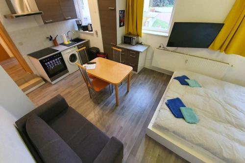 ein kleines Wohnzimmer mit einem Bett und einem Tisch in der Unterkunft Gemütliches Apartment neben der Burg in Kröllwitz