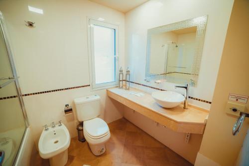 a bathroom with a toilet and a sink and a mirror at Complejo Los Paraísos in Potrero de los Funes