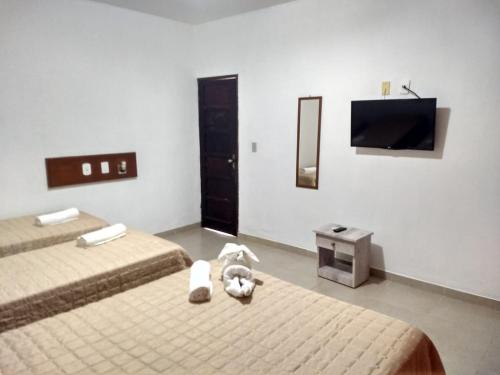 a bedroom with two beds and a flat screen tv at POUSADA BORE KOKO in Porto De Galinhas