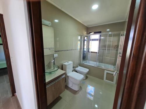 ein Badezimmer mit einem WC, einem Waschbecken und einem Spiegel in der Unterkunft Casas en Barrio Los Teros con pileta compartida - Santa Clara del Mar in Santa Clara del Mar