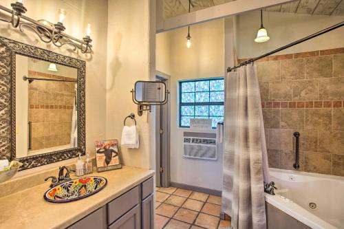 a bathroom with a sink and a shower at Blue Jay Cottage - Pittsburg Studio on Winery! in Pittsburg