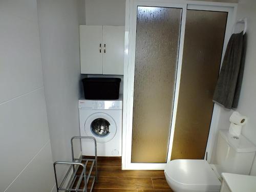 a small bathroom with a washing machine and a toilet at La Cabaña in Guía de Isora