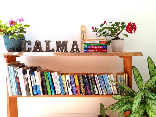 un estante de libros con libros y plantas. en Calma Apartments Costa Rica, en Mal País