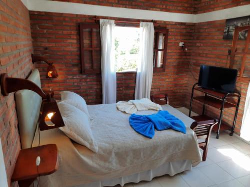 1 dormitorio con cama, ventana y TV en Departamentos Los Álamos en Mina Clavero