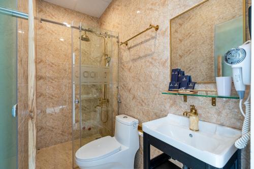 a bathroom with a toilet and a shower and a sink at Aquatel Vung Tau in Vung Tau