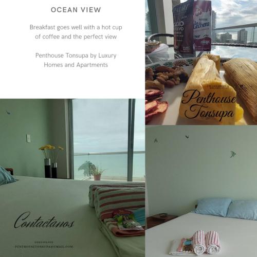 a collage of photos with a bed and a picture of food at Discoverequador in Tonsupa