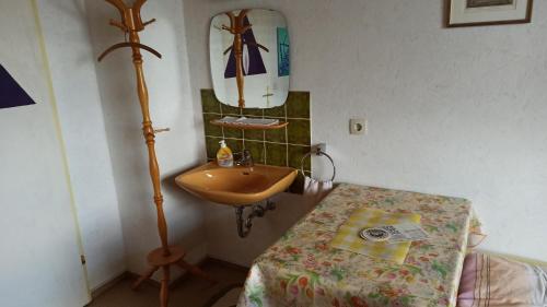 y baño con lavabo, espejo y mesa. en Ferienwohnung Helga Prokop en Wellheim