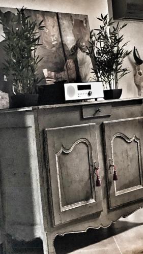 a table with two mirrors and two potted plants on it at LOFT La Grande Motte in La Grande-Motte