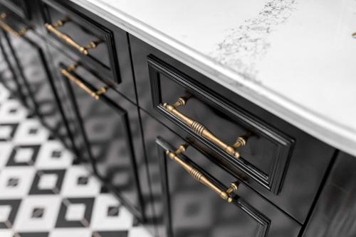 a black kitchen with gold handles on a counter at Dizengoff Garden Hotel in Tel Aviv