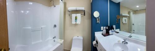 a bathroom with a toilet and a sink and a shower at Rio Vista Inn Business High Class Tampico in Tampico