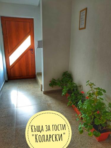a room with a door and two plants next to it at Къща за гости Коларски in Sapareva Banya