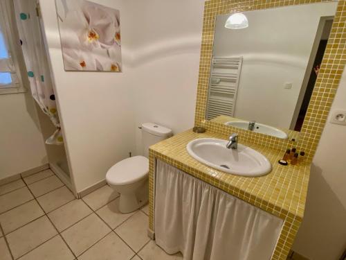 une salle de bain avec un lavabo et des toilettes dans l'établissement Welcoming house in Cap Ferret close to the beach, Garden, Terrace, Wifi and TV, à Lège-Cap-Ferret