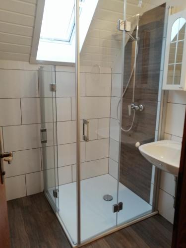 a bathroom with a shower and a sink at Apartments Krista in Seeboden