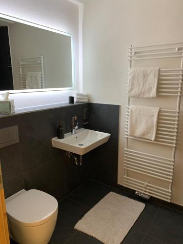 une salle de bain avec un lavabo, des toilettes et un miroir dans l'établissement Ferienwohnung Geisberg - Moderne Wohnung mit alpinem Flair in Traumlage, à Schönau am Königssee