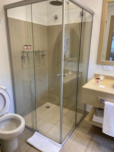 a bathroom with a shower with a toilet and a sink at Pousada das Lavandas in Campos do Jordão