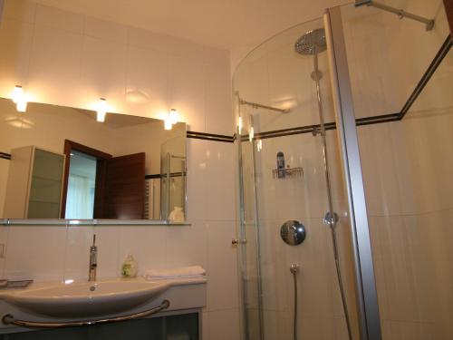 a bathroom with a glass shower and a sink at Apartments Schloß-Weißenstein-Straße in Matrei in Osttirol