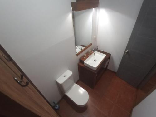 a bathroom with a sink and a toilet and a mirror at La Luciernaga Big Creek in Bocas del Toro