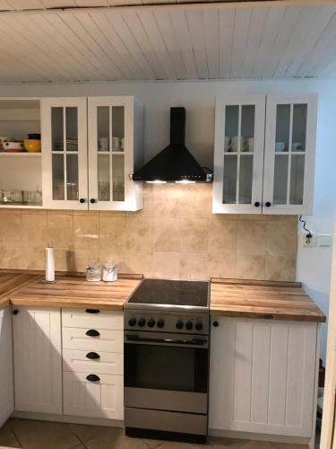 a kitchen with white cabinets and a stove at Adela´s Czech Village House in Všejany