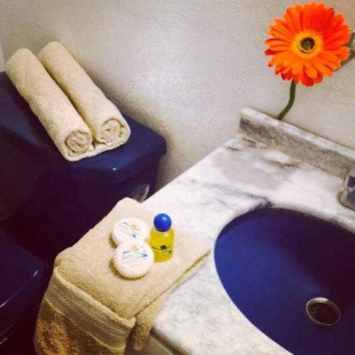 a bathroom with a toilet and a flower on the counter at Coral Clubes Acapulco in Acapulco