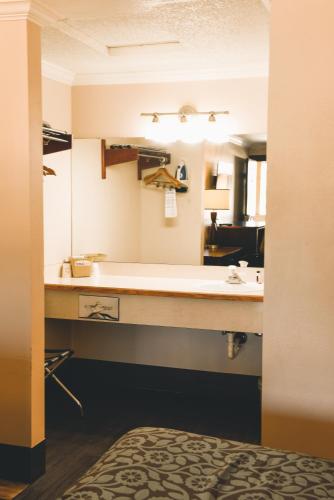 a bathroom with a sink and a large mirror at Niwas Inn in Fife