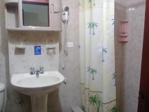 a bathroom with a sink and a shower curtain at Hotel Central in Latacunga