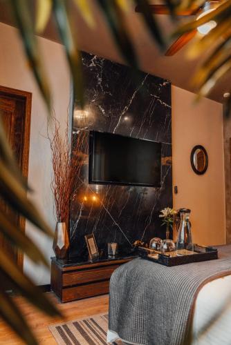 a room with a table with a television on a wall at CASA EMILIA B&B Boutique in Mexico City