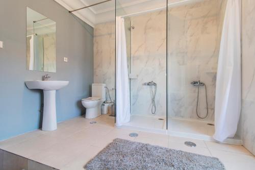 uma casa de banho com um chuveiro, um WC e um lavatório. em V Dinastia em Lisboa