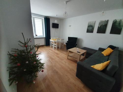 a living room with a couch and a christmas tree at Apartament Aga in Ustrzyki Dolne