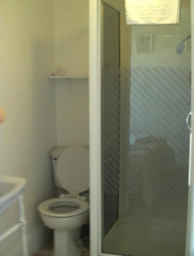 a bathroom with a toilet and a glass shower at Jollies Hotel in Blackpool