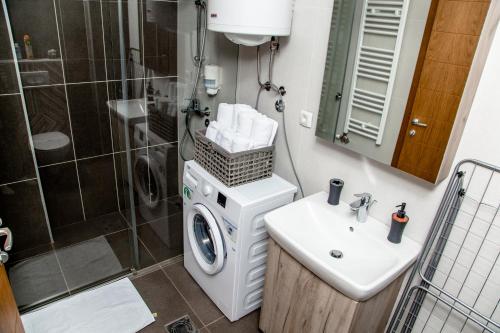 ein Badezimmer mit einer Waschmaschine und einem Waschbecken in der Unterkunft Apartman Andrija Zlatibor in Zlatibor