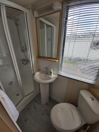 y baño con aseo, lavabo y ducha. en Caravan on the Devon\Cornwall border, en Stratton