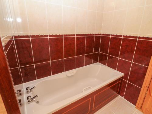a bathroom with a bath tub with red tiles at Dooneen in Skibbereen
