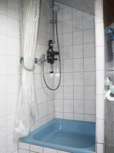 a bathroom with a blue tub and a shower at Gästehaus Alfred Klais in Krün