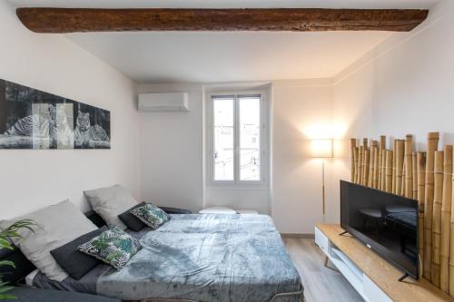 un salon avec un lit et une télévision dans l'établissement Le Forville : 400m Palais, Calme, Clim, à Cannes