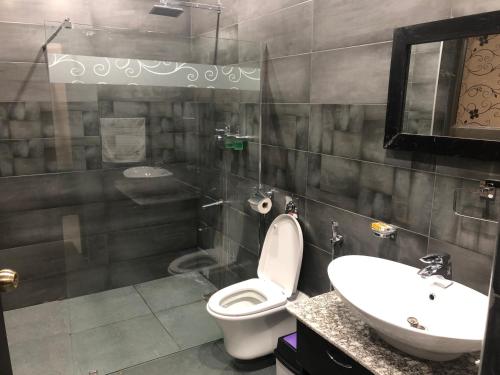 a bathroom with a toilet and a sink at Palm Kalash Hotel in Lusaka