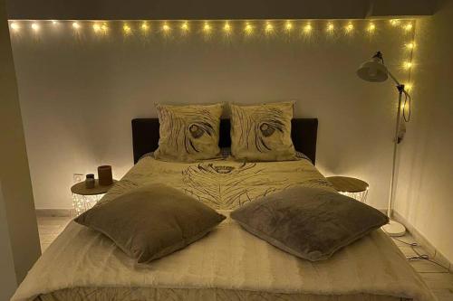 a bedroom with a large bed with lights on it at Villa des Oliviers avec piscine in Chassagny