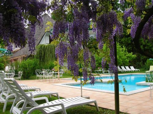 a tree with purple wisteria hanging over a swimming pool at La Chrissandière in La Balme-de-Sillingy